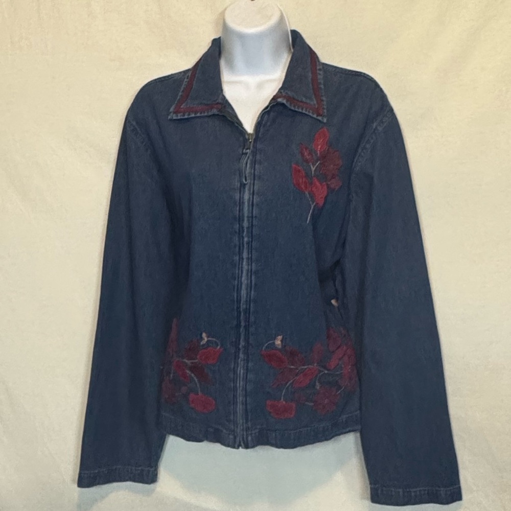 B-77 Erika Blue & Red Embroidered‎ Long Sleeve Zip Up Denim Jacket Size L